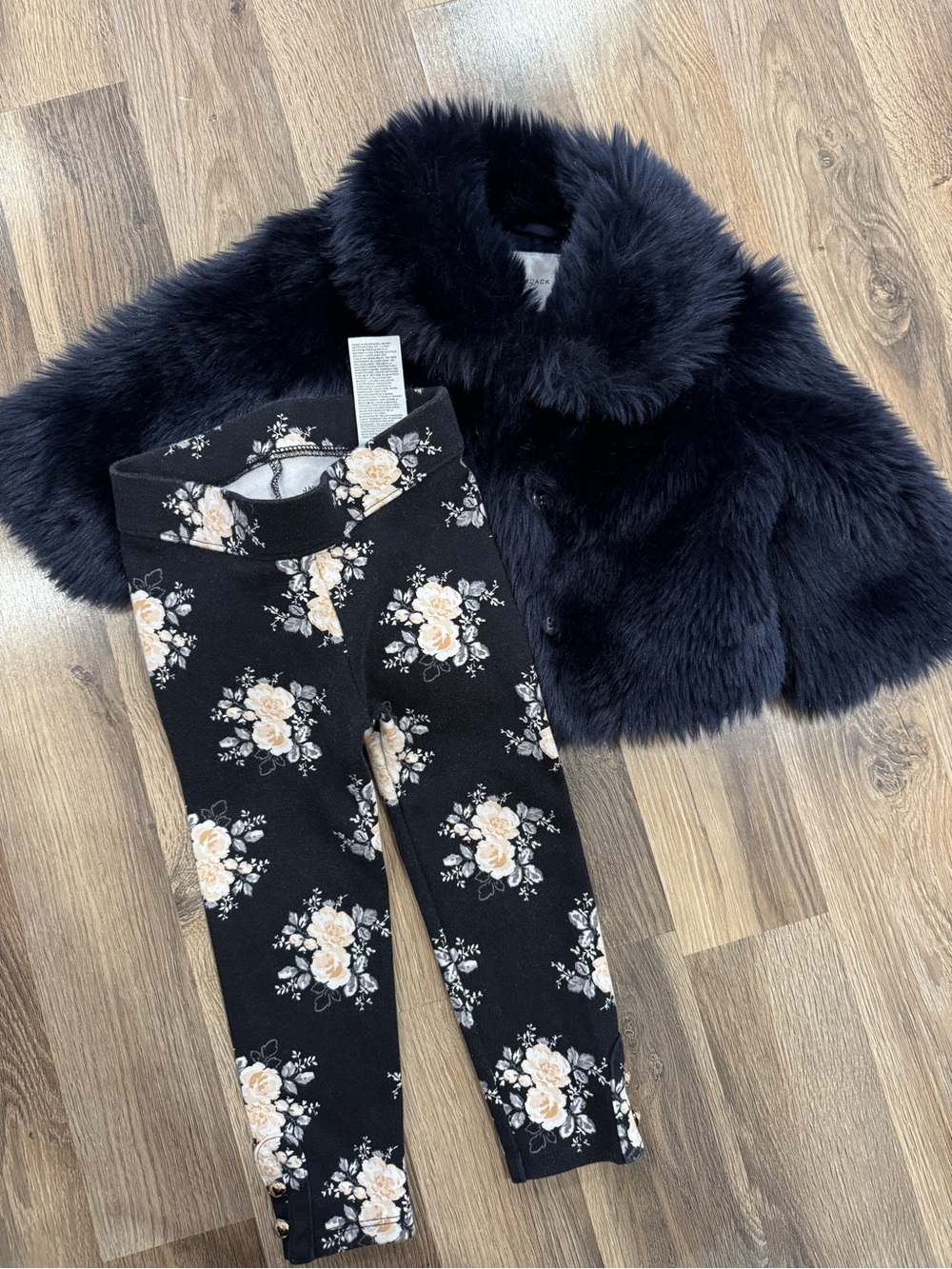 Janie and Jack Black Faux Fur Cape with Floral Leggings